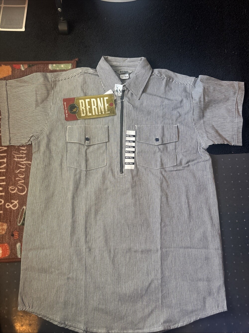 Berne Men's MED–TALL Striped NWT Half Zip Workshirt! SUPER NICE HEAVY DUTY